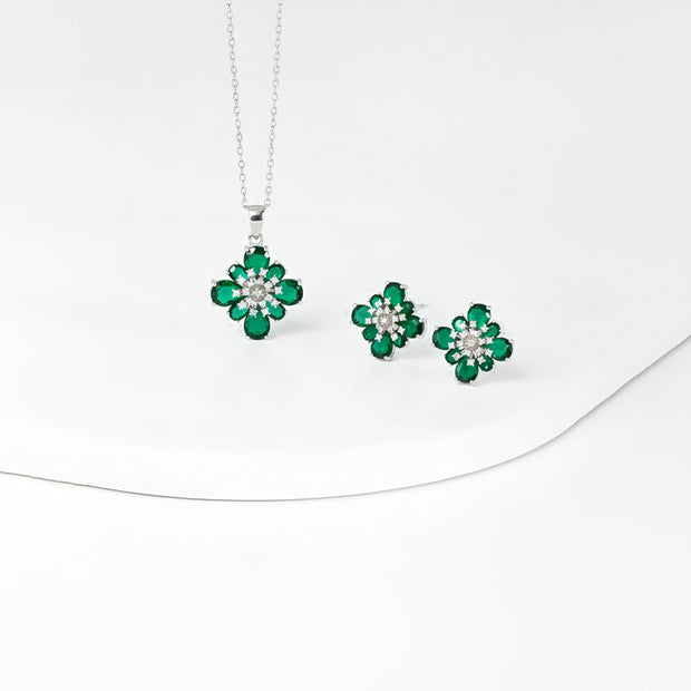 Green Floral Stone Necklace & Stud Earrings Set