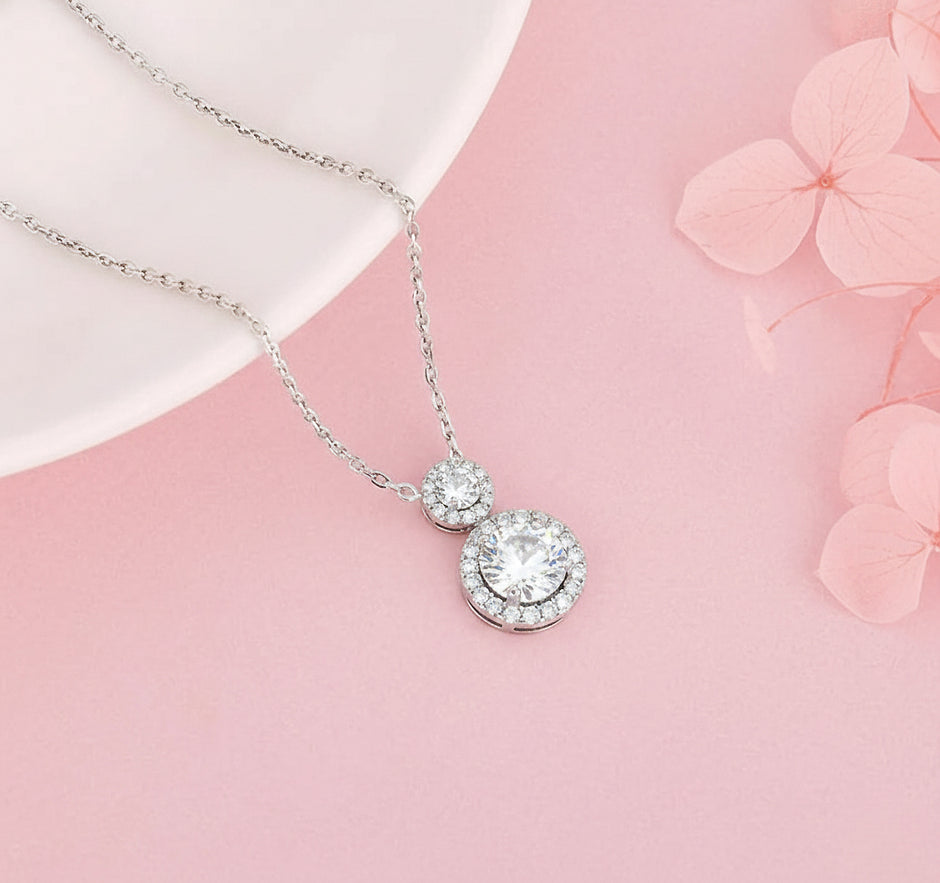 Silver Aura Double Halo Pendant Necklace