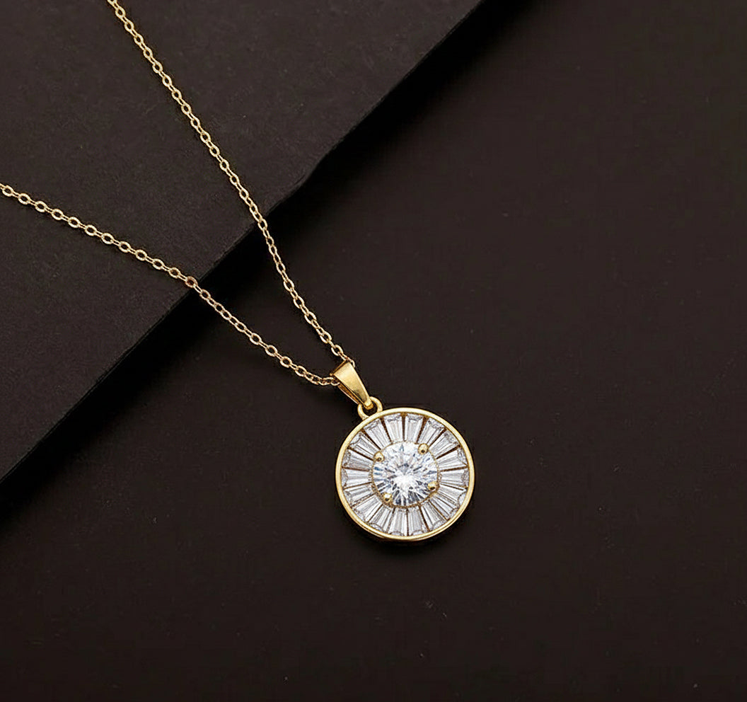 Golden Radiance Sunburst Halo Pendant Necklace
