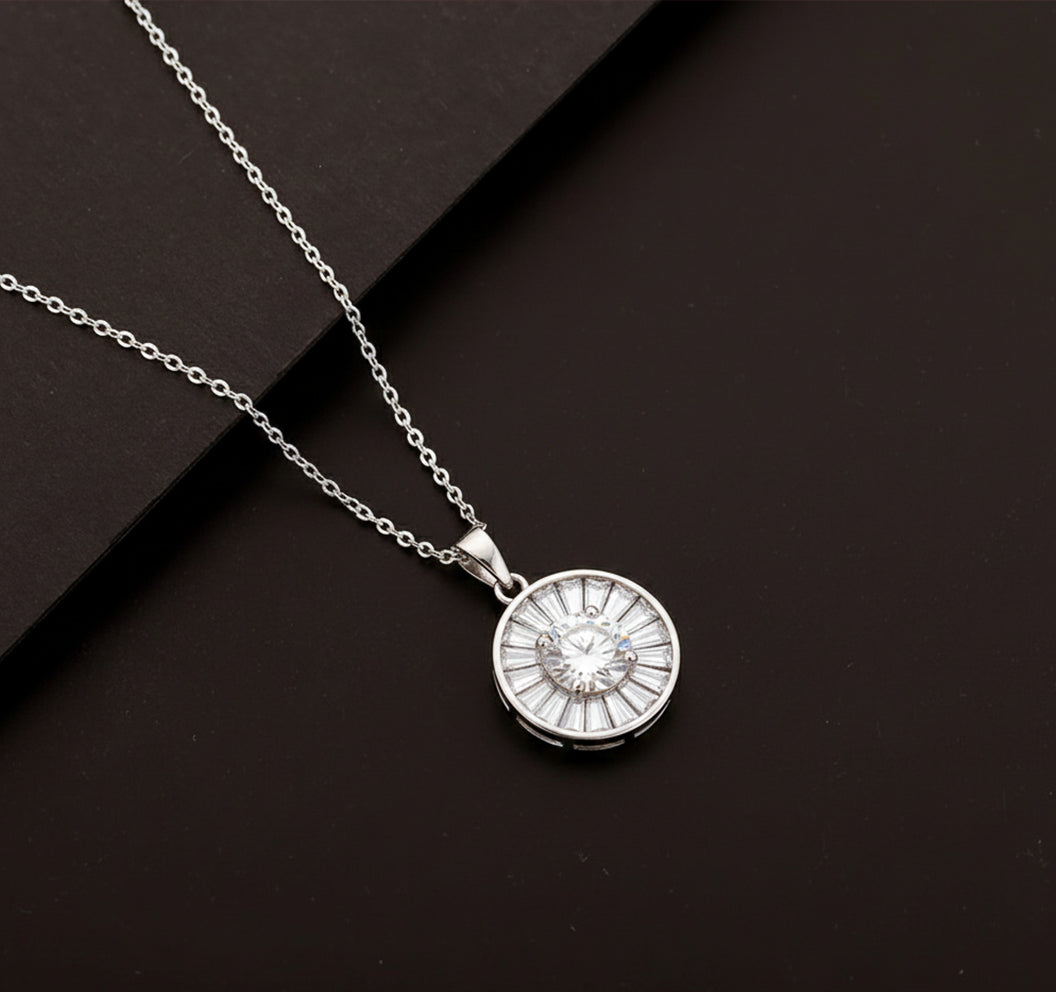 Silver Radiance Sunburst Halo Pendant Necklace