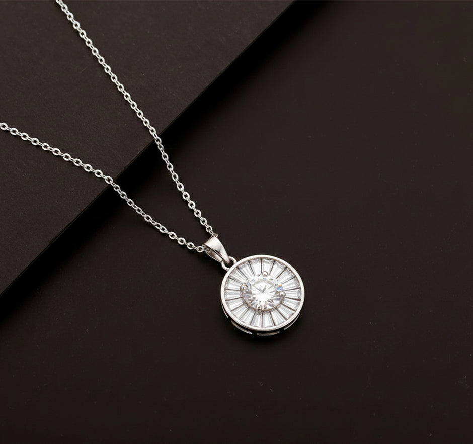 Silver Radiance Sunburst Halo Pendant Necklace