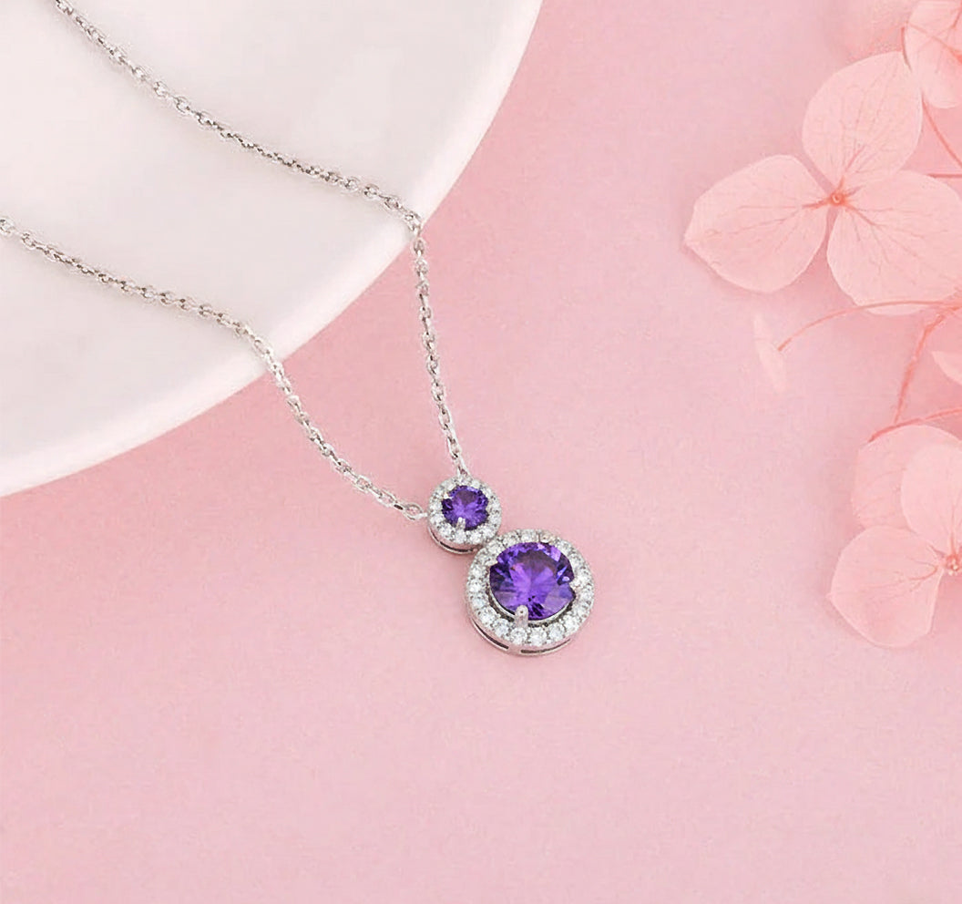 Amethyst Aura Double Halo Pendant Necklace