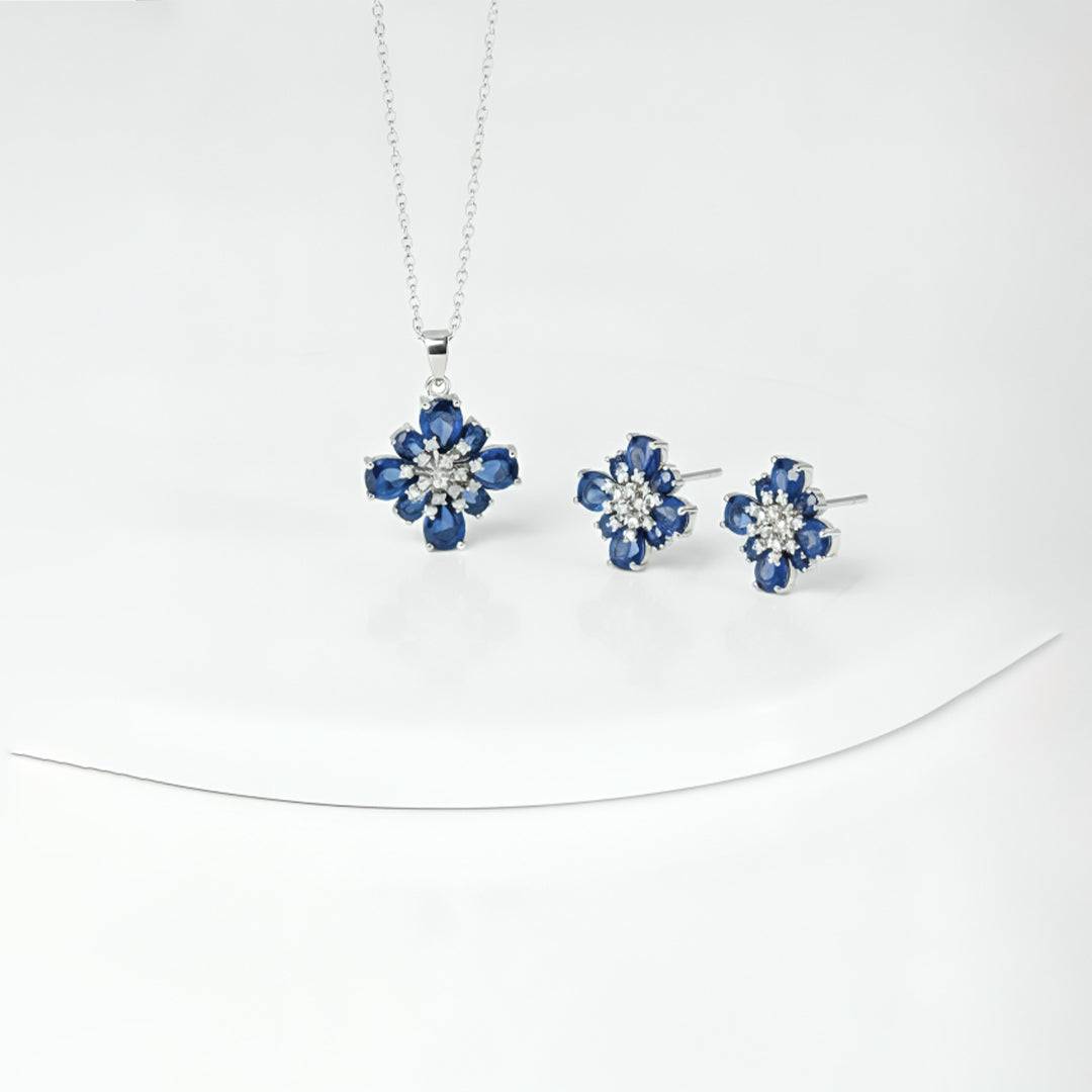 Blue Floral Stone Necklace & Stud Earrings Set