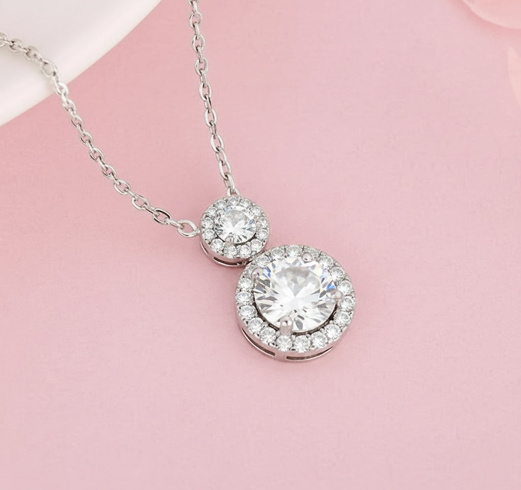 Silver Aura Double Halo Pendant Necklace