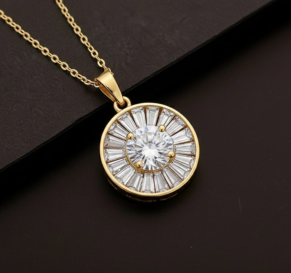 Golden Radiance Sunburst Halo Pendant Necklace