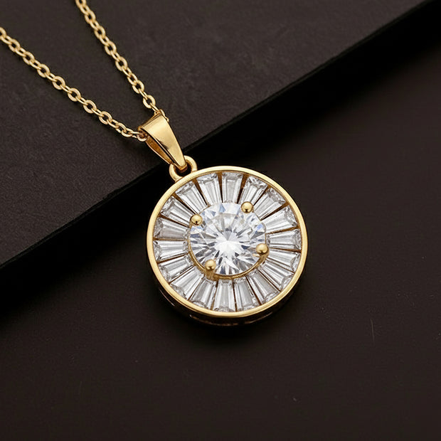 Golden Radiance Sunburst Halo Pendant Necklace