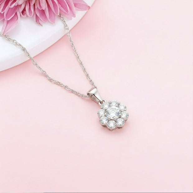 Silver Bloom Floral Halo Pendant Necklace