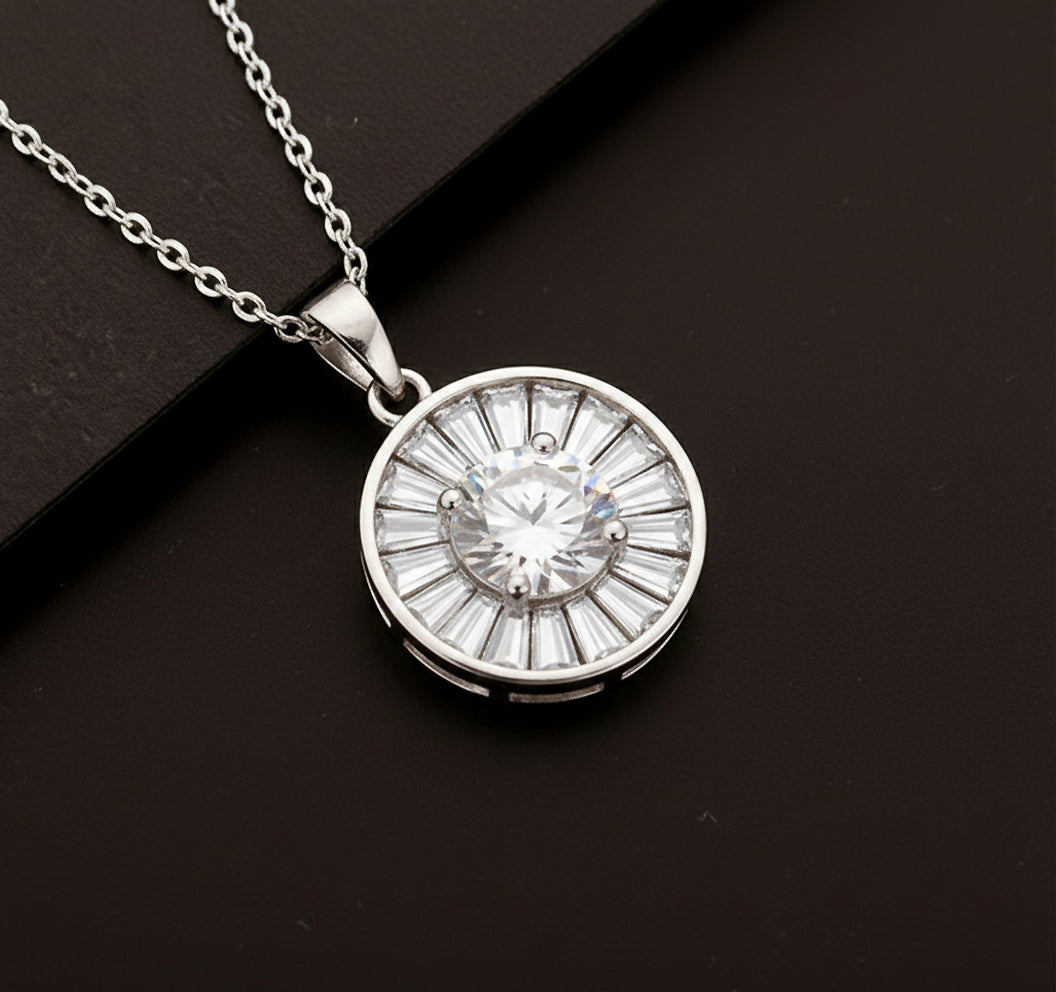 Silver Radiance Sunburst Halo Pendant Necklace