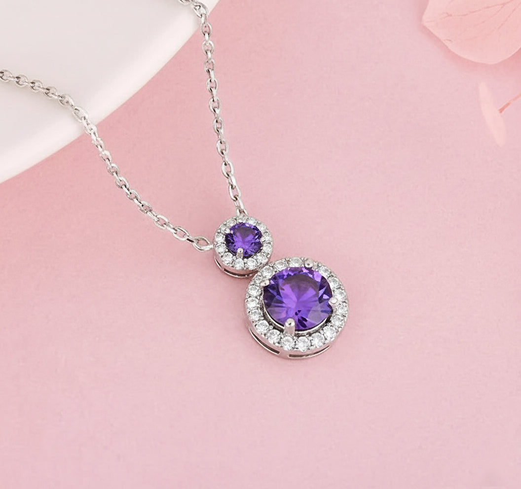 Amethyst Aura Double Halo Pendant Necklace