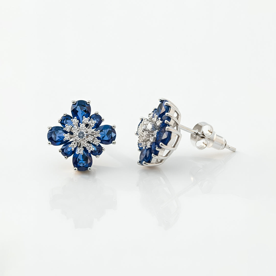 Blue Floral Stone Necklace & Stud Earrings Set