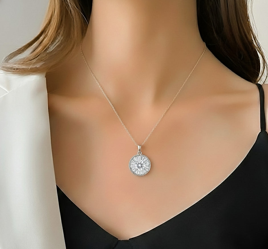 Silver Radiance Sunburst Halo Pendant Necklace