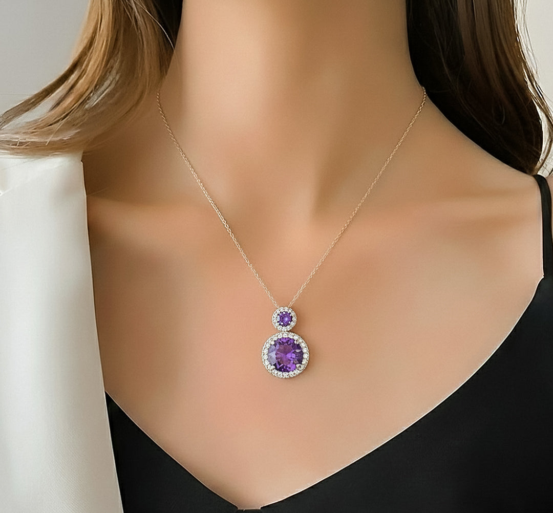 Amethyst Aura Double Halo Pendant Necklace