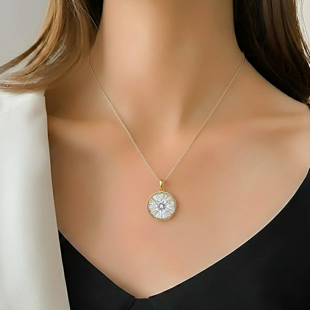 Golden Radiance Sunburst Halo Pendant Necklace