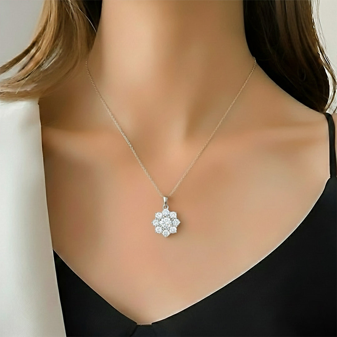 Silver Bloom Floral Halo Pendant Necklace