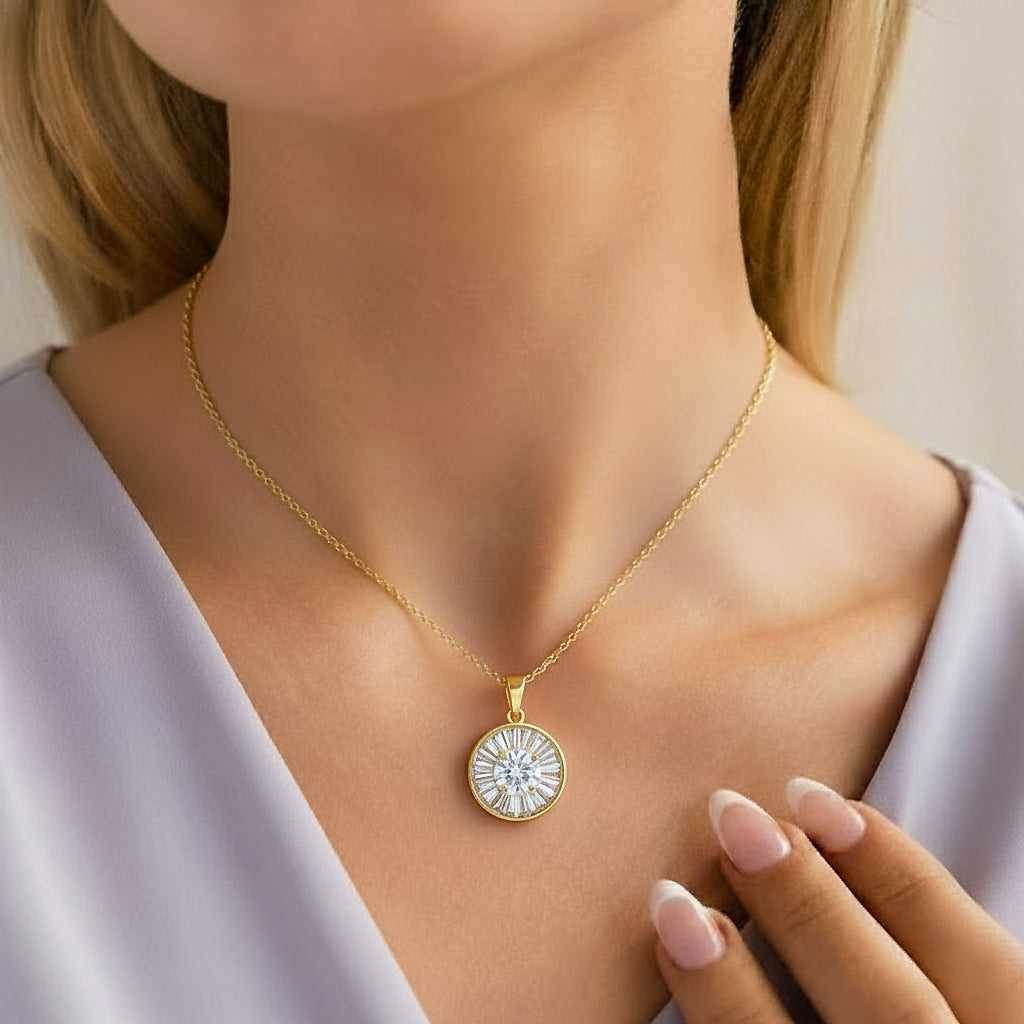 Golden Radiance Sunburst Halo Pendant Necklace