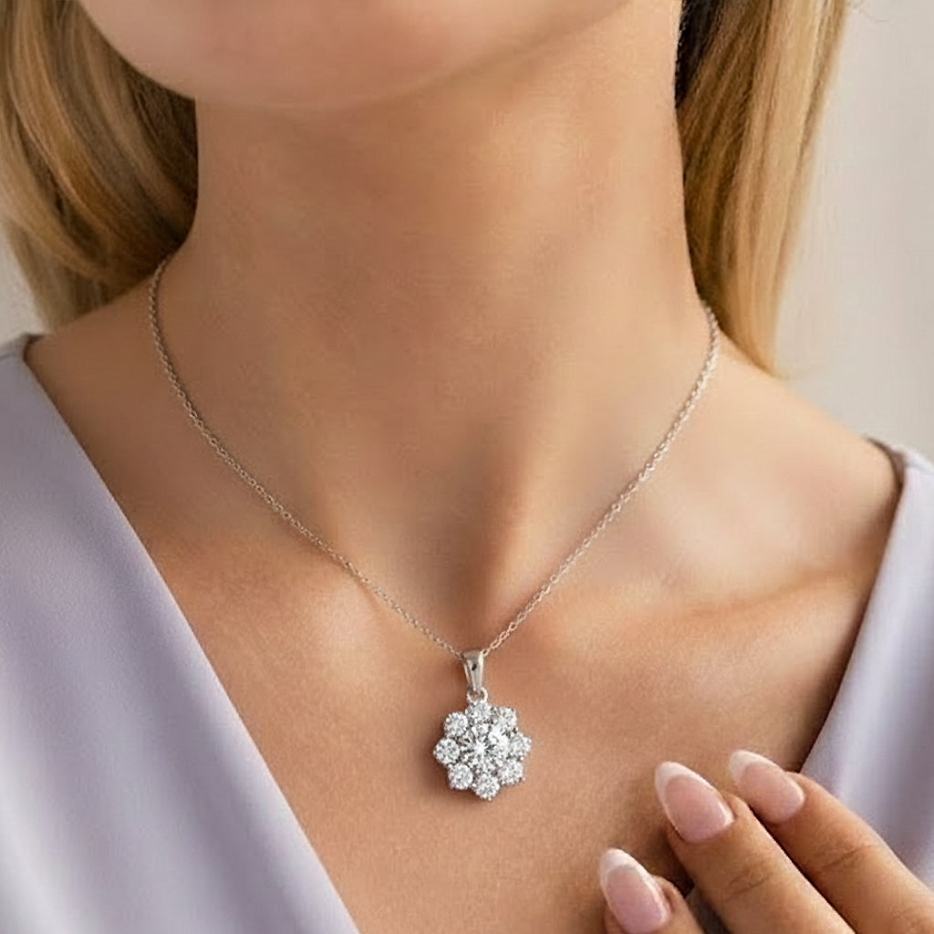 Silver Bloom Floral Halo Pendant Necklace
