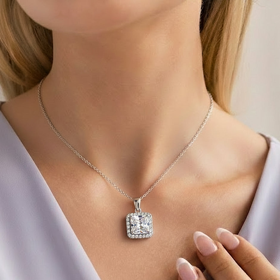 Crystal Royale Square Halo Pendant Necklace
