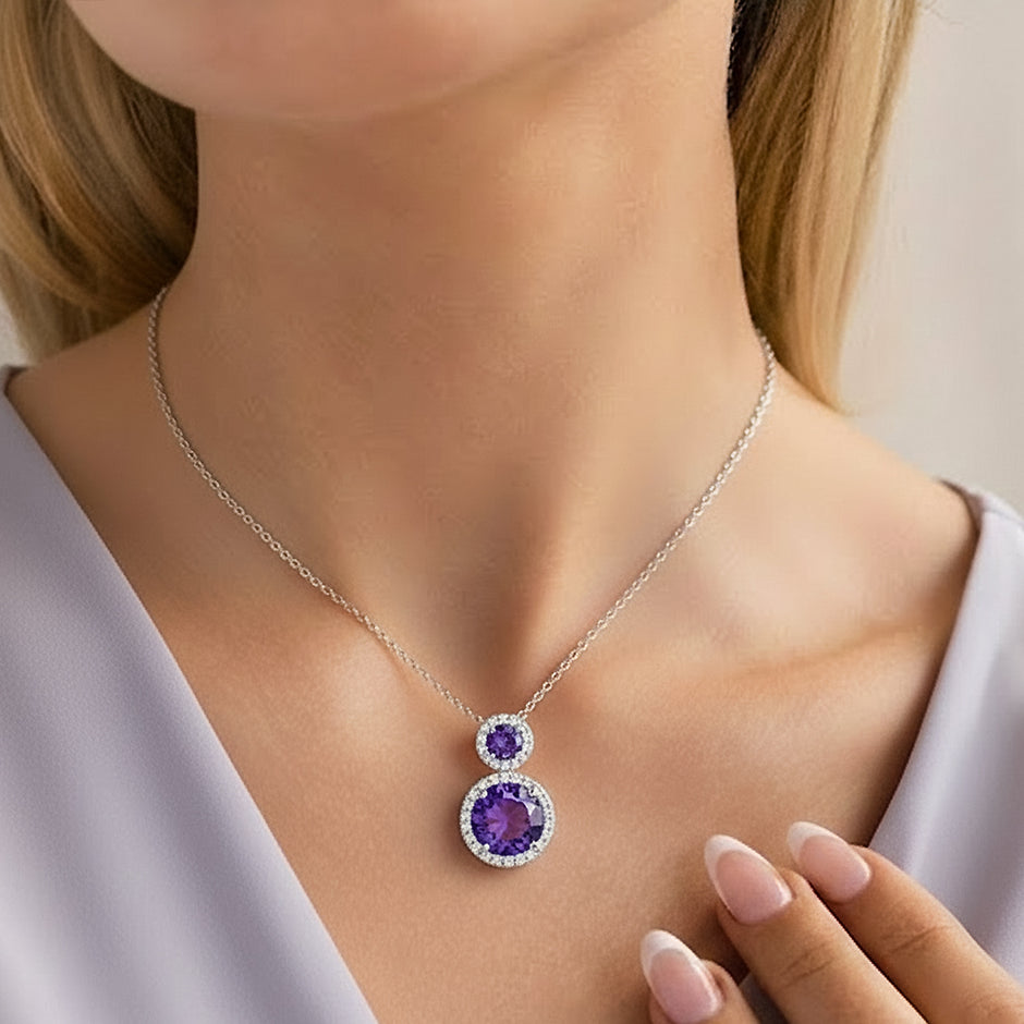 Amethyst Aura Double Halo Pendant Necklace