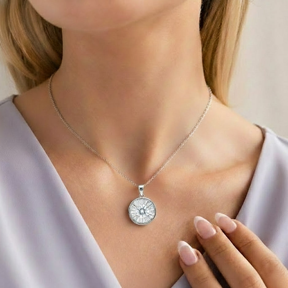 Silver Radiance Sunburst Halo Pendant Necklace