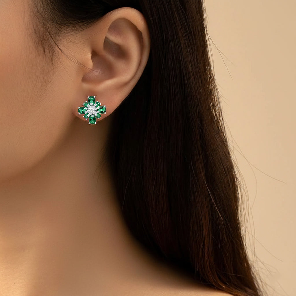 Green Floral Stone Necklace & Stud Earrings Set