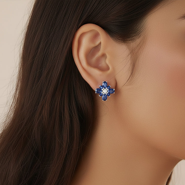 Blue Floral Stone Necklace & Stud Earrings Set