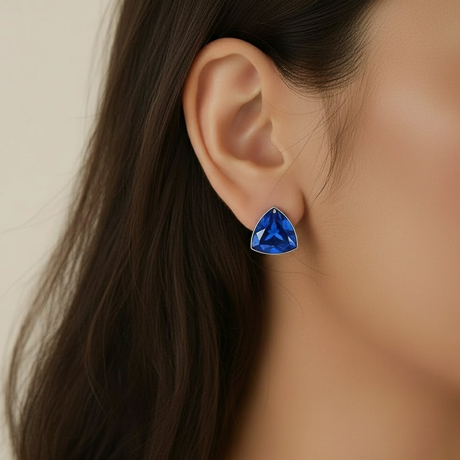 Blue Triangle Pendant Necklace & Stud Earrings Set