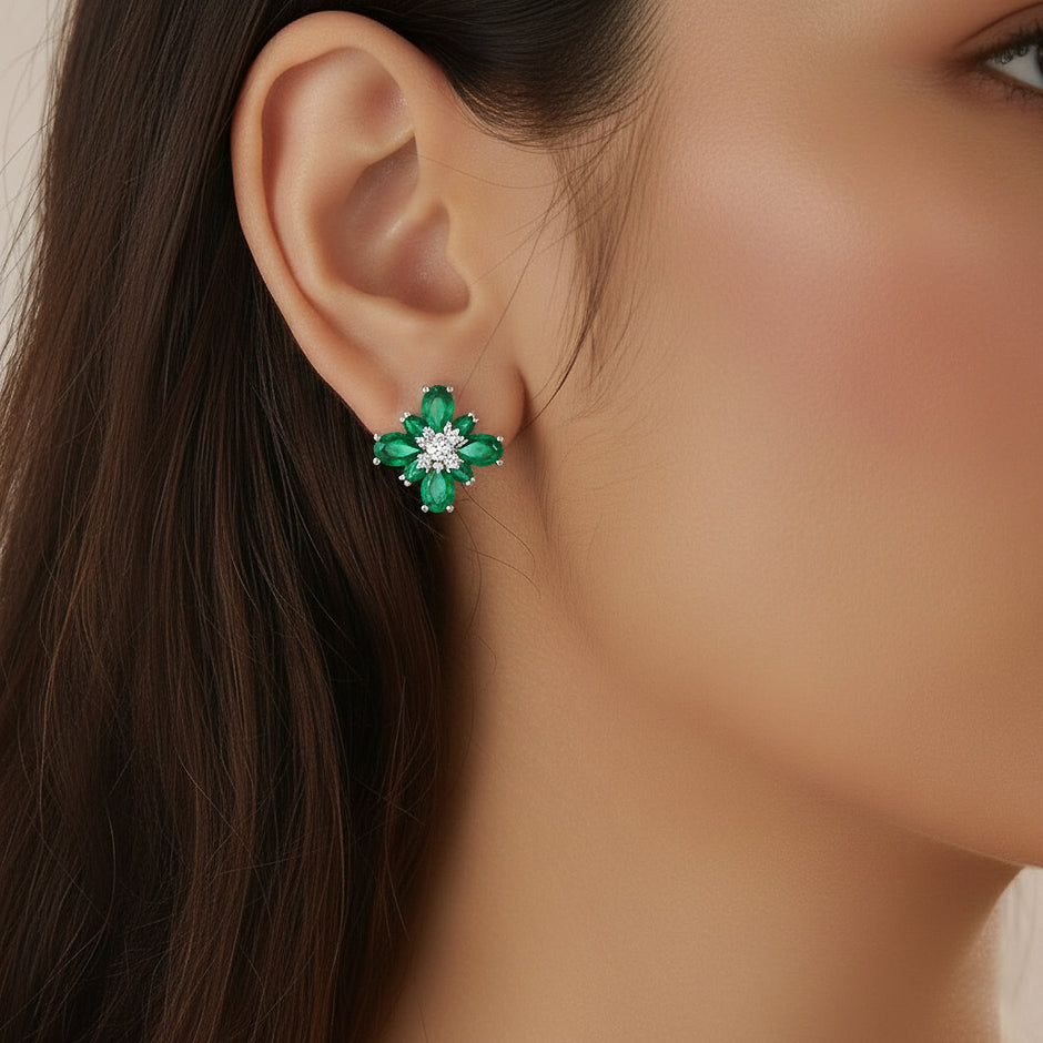 Green Floral Stone Necklace & Stud Earrings Set