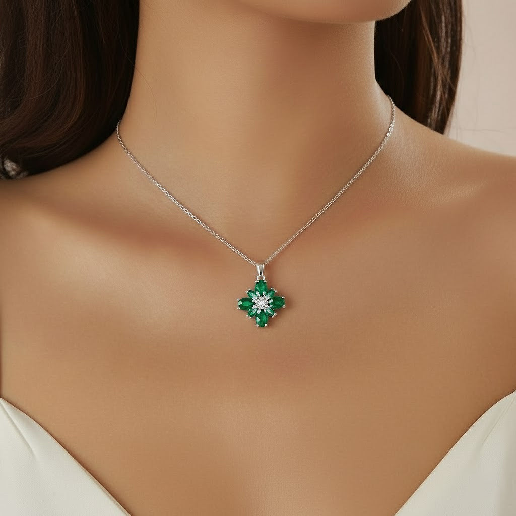 Green Floral Stone Necklace & Stud Earrings Set