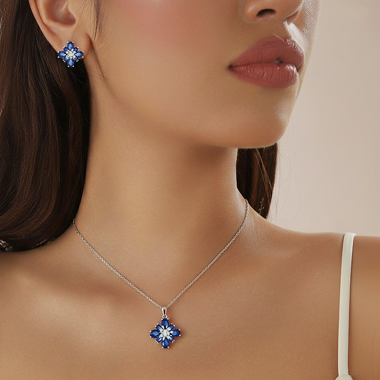Blue Floral Stone Necklace & Stud Earrings Set