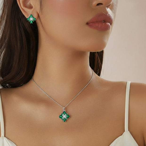 Green Floral Stone Necklace & Stud Earrings Set