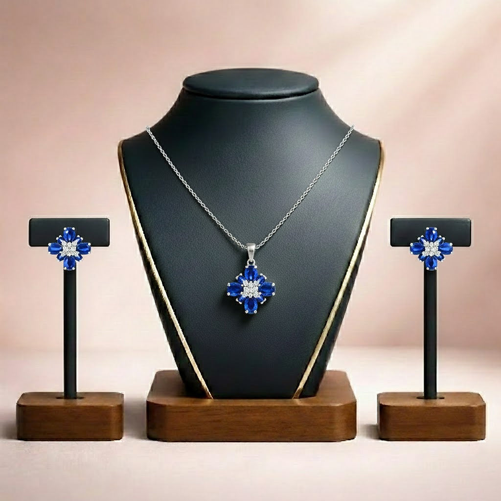 Blue Floral Stone Necklace & Stud Earrings Set
