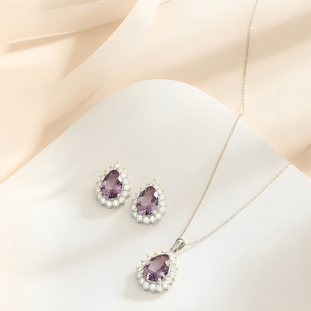 Purple Teardrop Stone Necklace & Stud Earrings Set