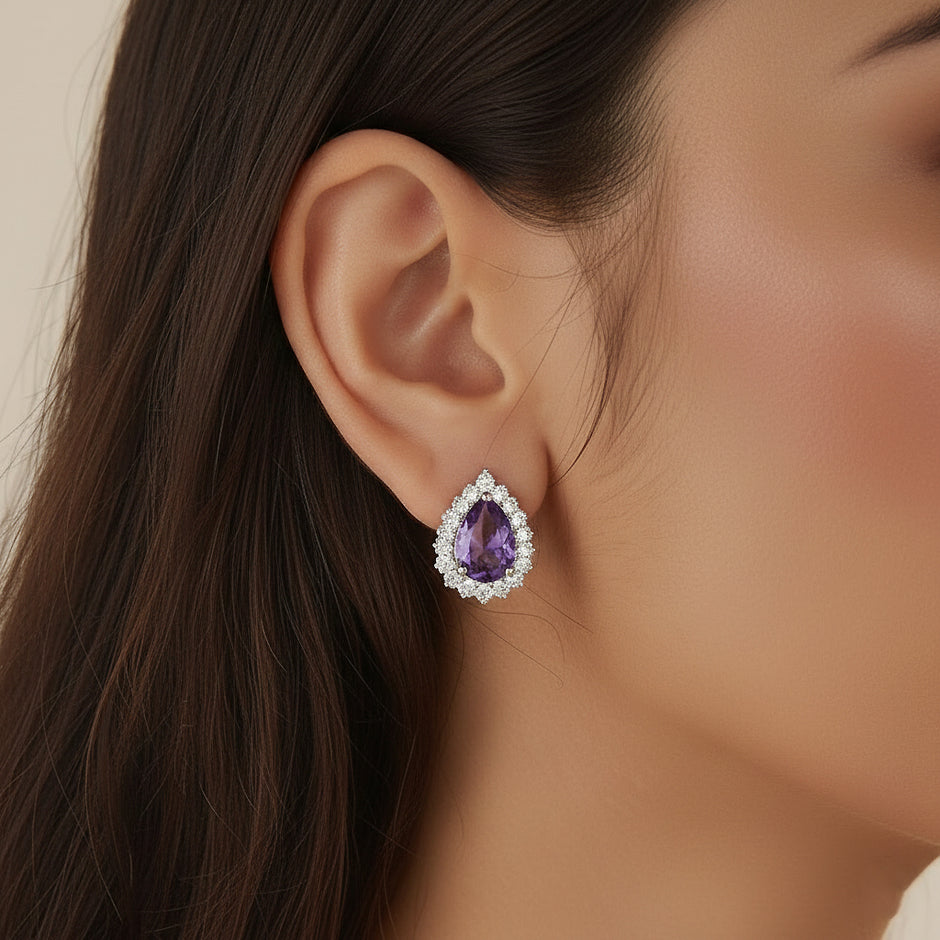 Purple Teardrop Stone Necklace & Stud Earrings Set