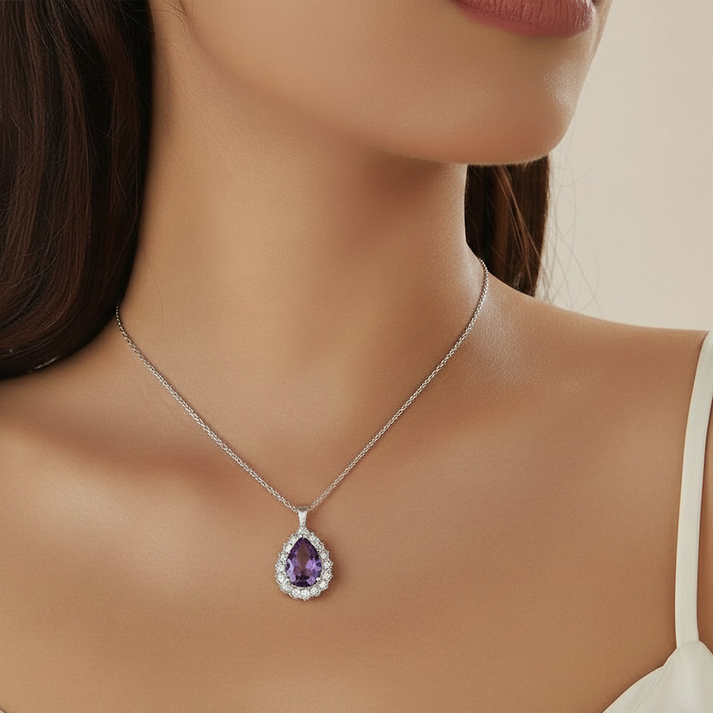 Purple Teardrop Stone Necklace & Stud Earrings Set