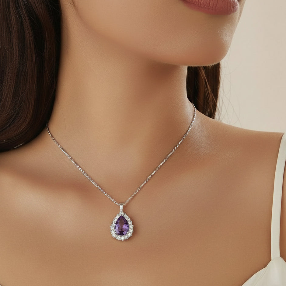 Purple Teardrop Stone Necklace & Stud Earrings Set