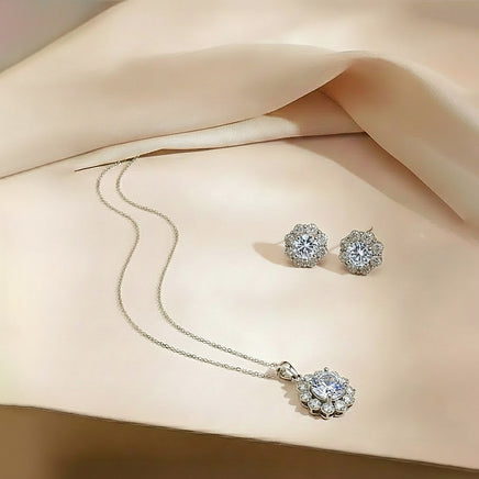 Silver Crystal Halo Pendant Necklace & Stud Earrings Set