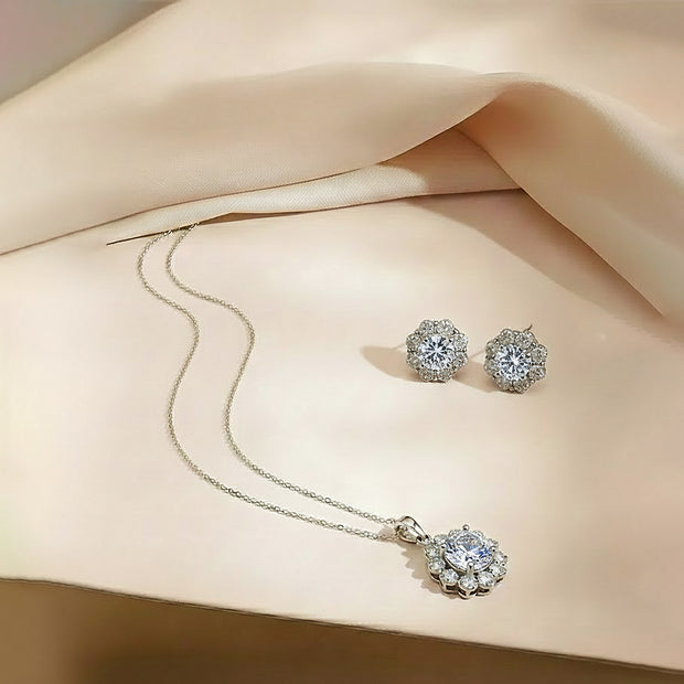 Silver Crystal Halo Pendant Necklace & Stud Earrings Set