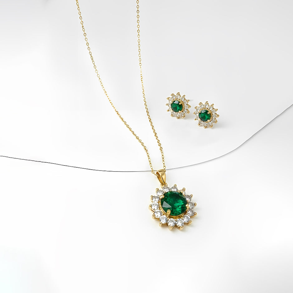Royal Green Sunflower Necklace & Stud Earrings Set