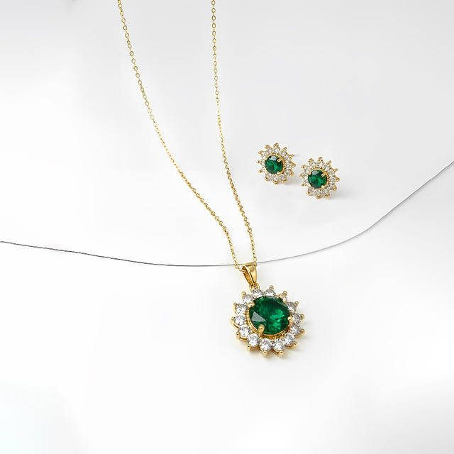 Royal Green Sunflower Necklace & Stud Earrings Set