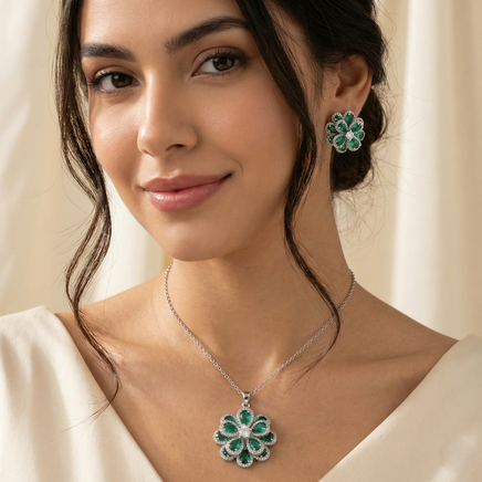 Crystal & Green Stone Flower Necklace Set