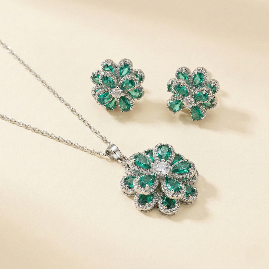 Crystal & Green Stone Flower Necklace Set