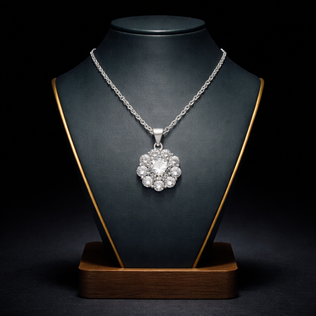 Silver Bloom Floral Halo Pendant Necklace