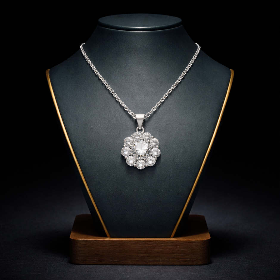 Silver Bloom Floral Halo Pendant Necklace