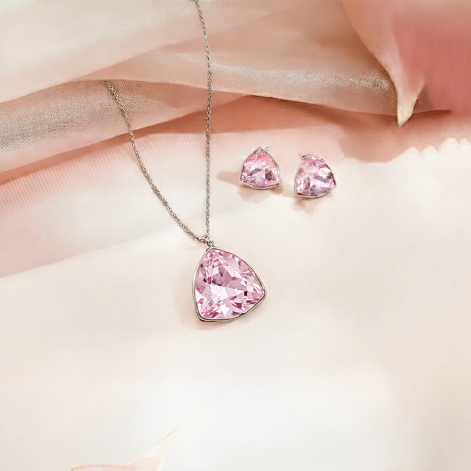 Cindrella Pink Triangle Pendant Necklace & Stud Earrings Set