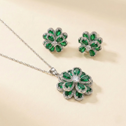 Crystal & Emerald Green Stone Flower Necklace Set