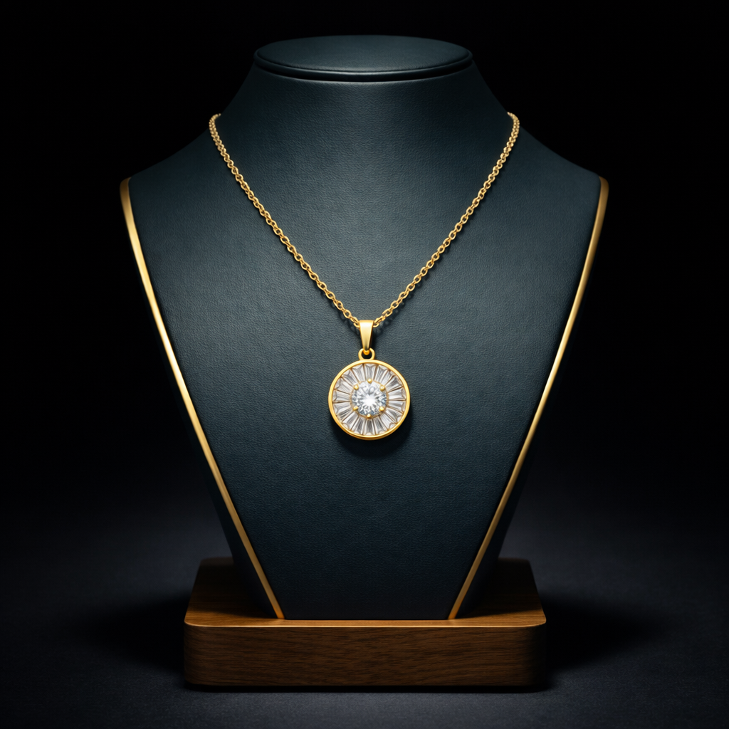 Golden Radiance Sunburst Halo Pendant Necklace