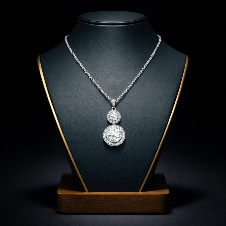 Silver Aura Double Halo Pendant Necklace