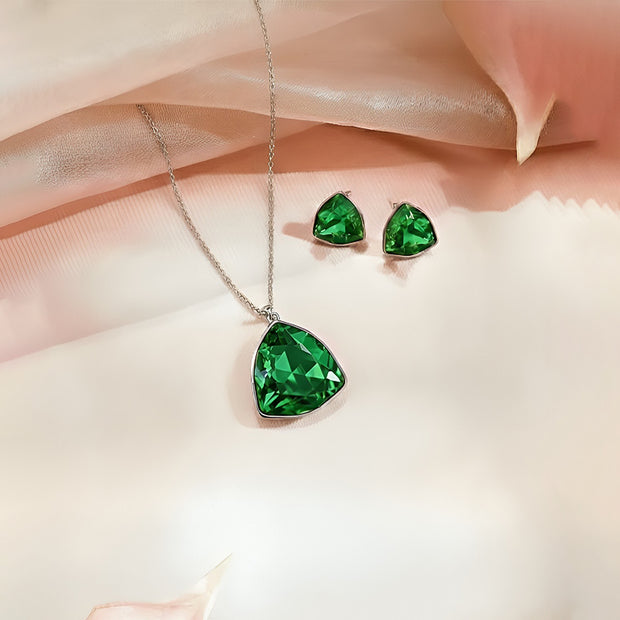 Emerald Green Triangle Pendant Necklace & Stud Earrings Set