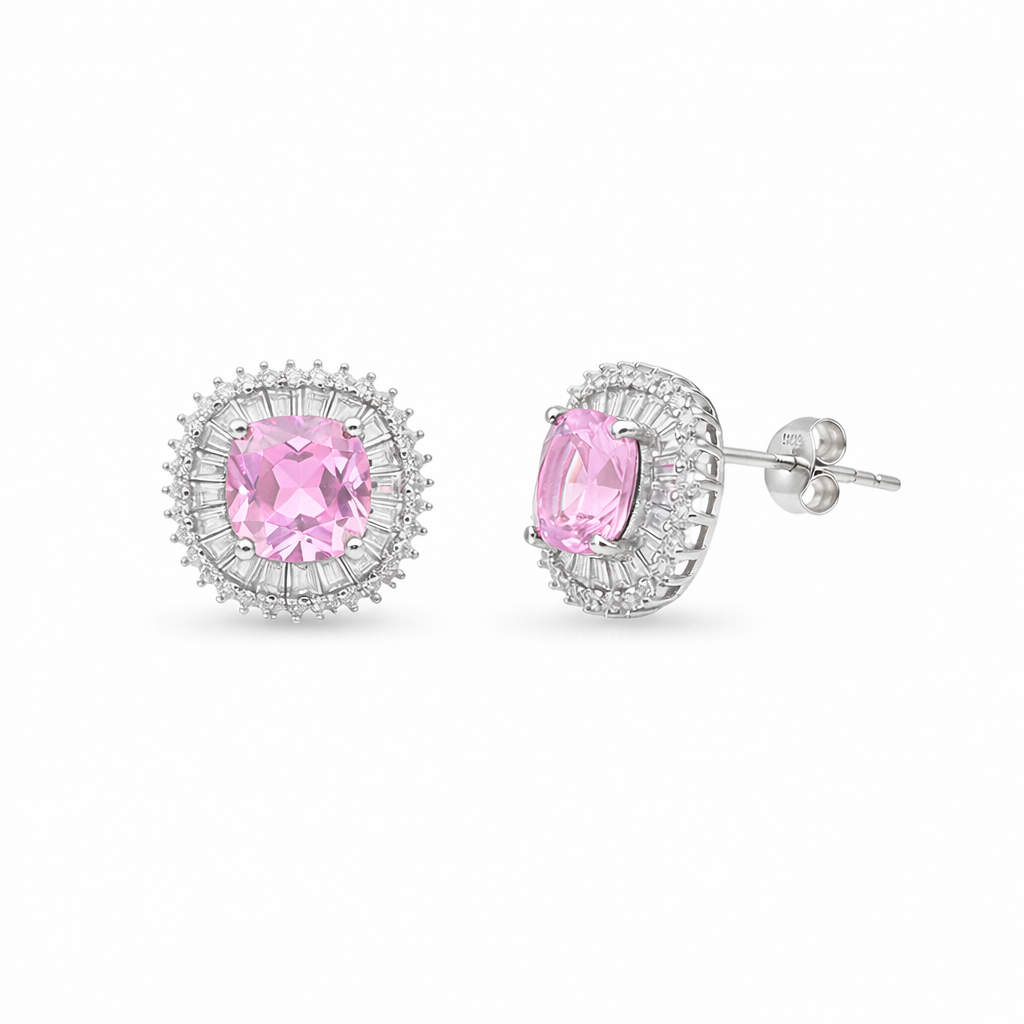 Elegant Pink Crystal Halo Necklace & Stud Earrings Set