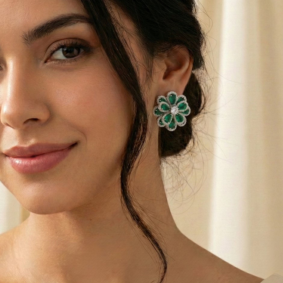 Crystal & Green Stone Flower Necklace Set